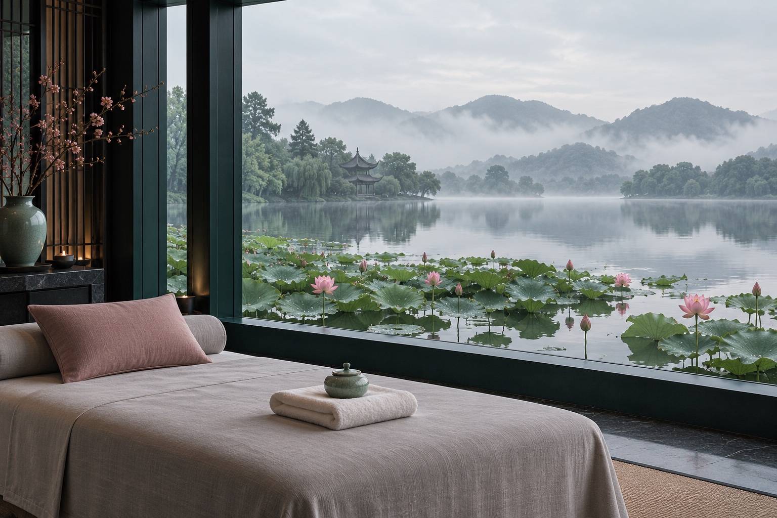 墨青窗景、湖面荷影與霧灰亞麻SPA空間氛圍